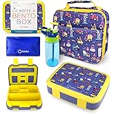 Bento Box, Insulated Lunch Bag, Ice Pack & Water Bottle Set for Kids - 5 Compartments, Lunches or Snack Container Boys Toddlers Daycare Pre-School, Kindergarten Blue Yellow Trucks