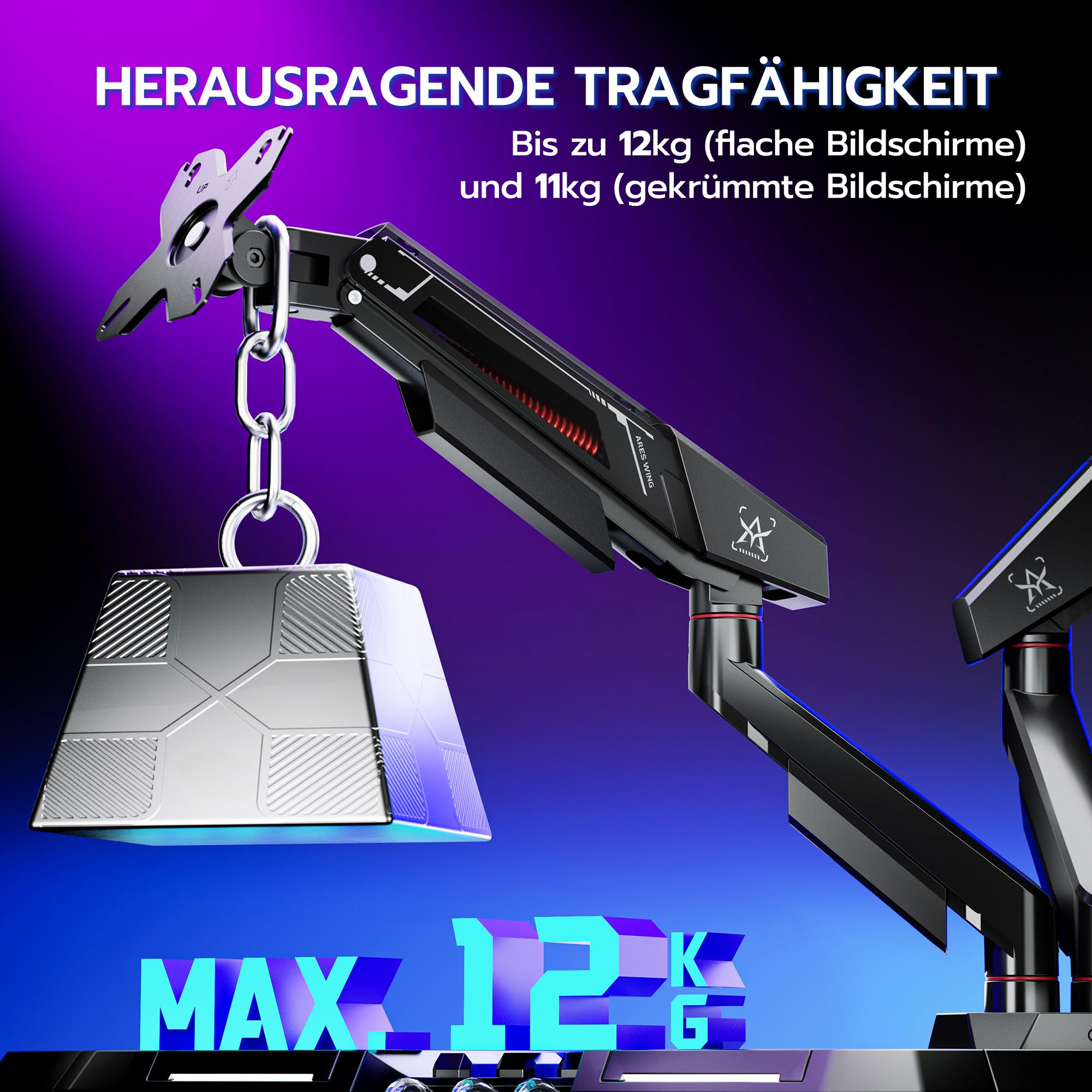 ARES WING Monitor Halterung 2 Monitore für 17–35" Bildschirme,Dual Monitorarm mit 2–12 kg Tragkraft,Bildschirmhalterung Höhenverstellbar, 75/100mm Vesa-Halterung,Schwarz 3