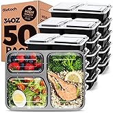 Glotoch 50 Pack (100-Piece) 34oz Meal Prep Containers Reusable with Lids 3-Compartment Containers Microwave, Freezer, Dishwasher Safe - Leakproof Durable To Go Take Out Plastic Food Storage