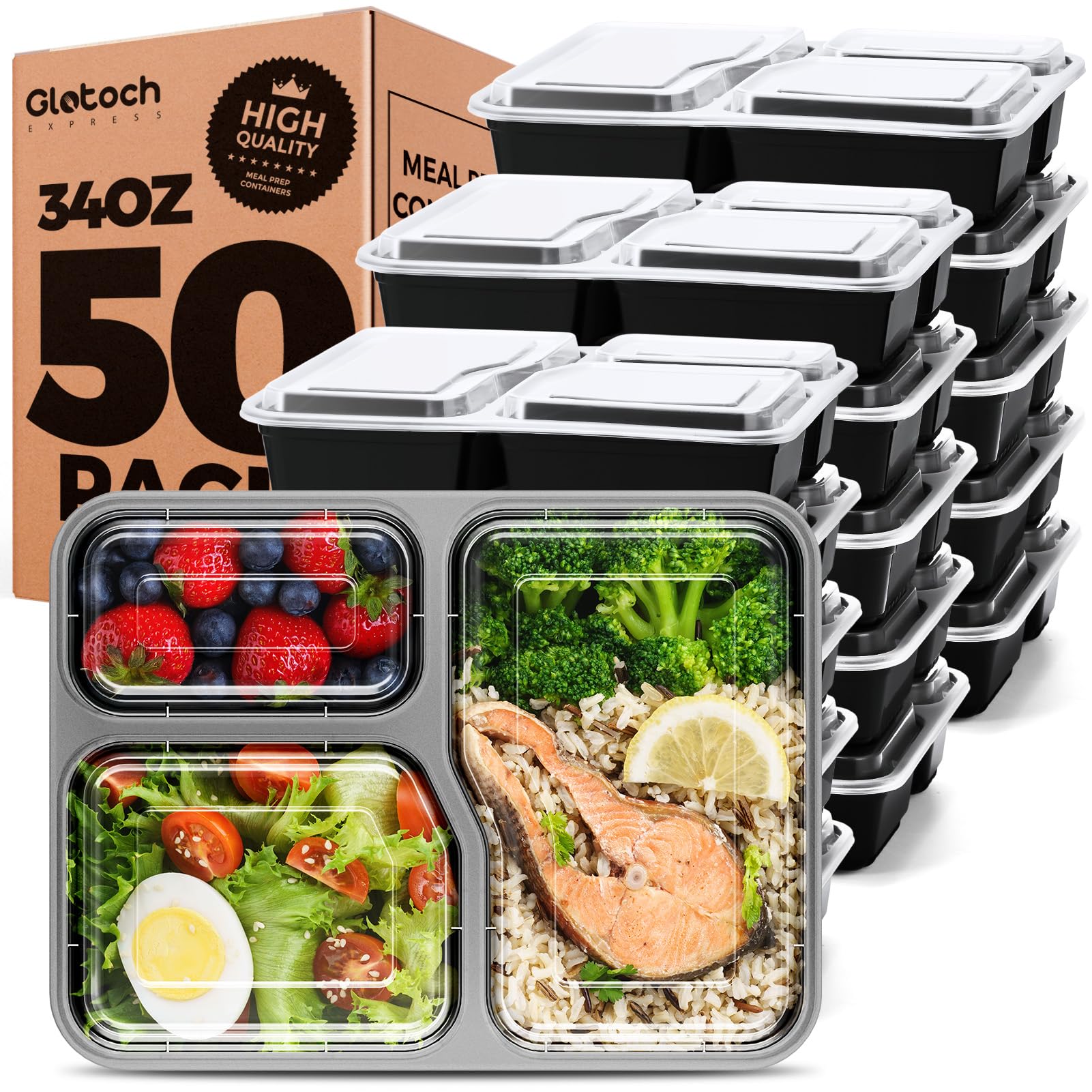 Photo 1 of Glotoch 50 Pack (100-Piece) 34oz Meal Prep Containers Reusable with Lids 3-Compartment Containers Microwave, Freezer, Dishwasher Safe - Leakproof Durable To Go Take Out Plastic Food Storage