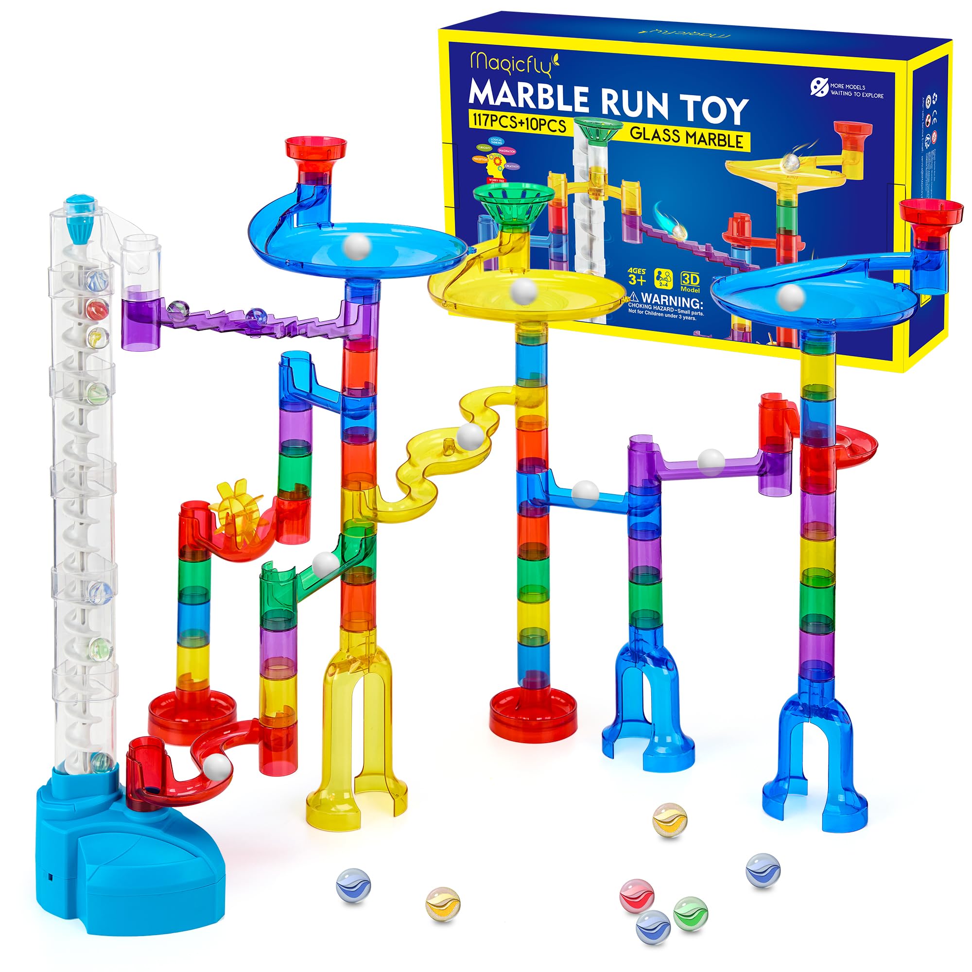 Magicfly Marble Run Set with Motorized Elevator, 127 Pcs Marble Track Building Toy with Glass Marbles for Kids, Ideal STEM Marble Maze Gift for Christmas or Birthday Image