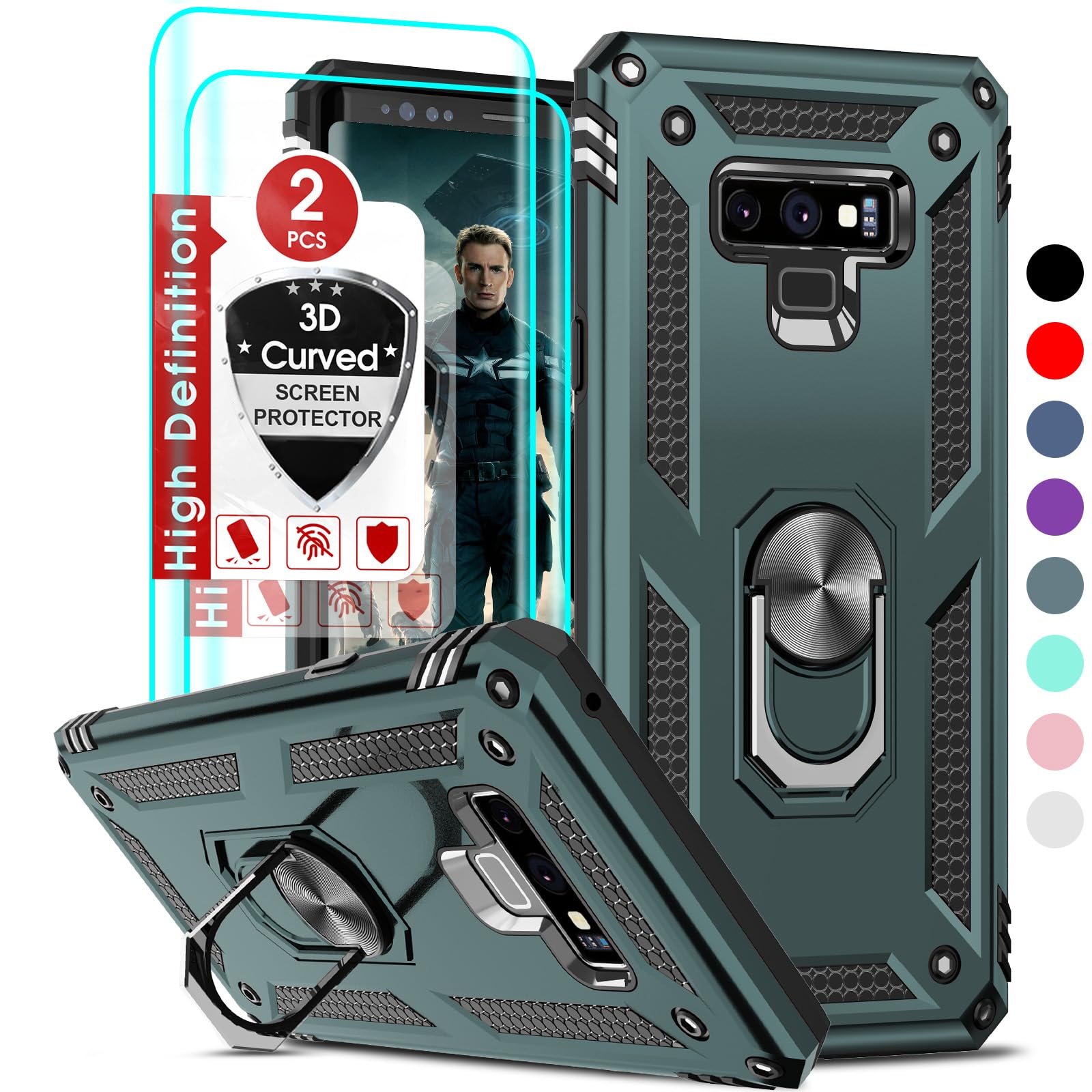 LeYi for Note 9 Phone Case, Samsung Galaxy Note 9 Case with [2 Pack] 3D Curved Screen Protector, [Military-Grade] Protective Shockproof Ring Kickstand Case Cover for Samsung Note 9, Green