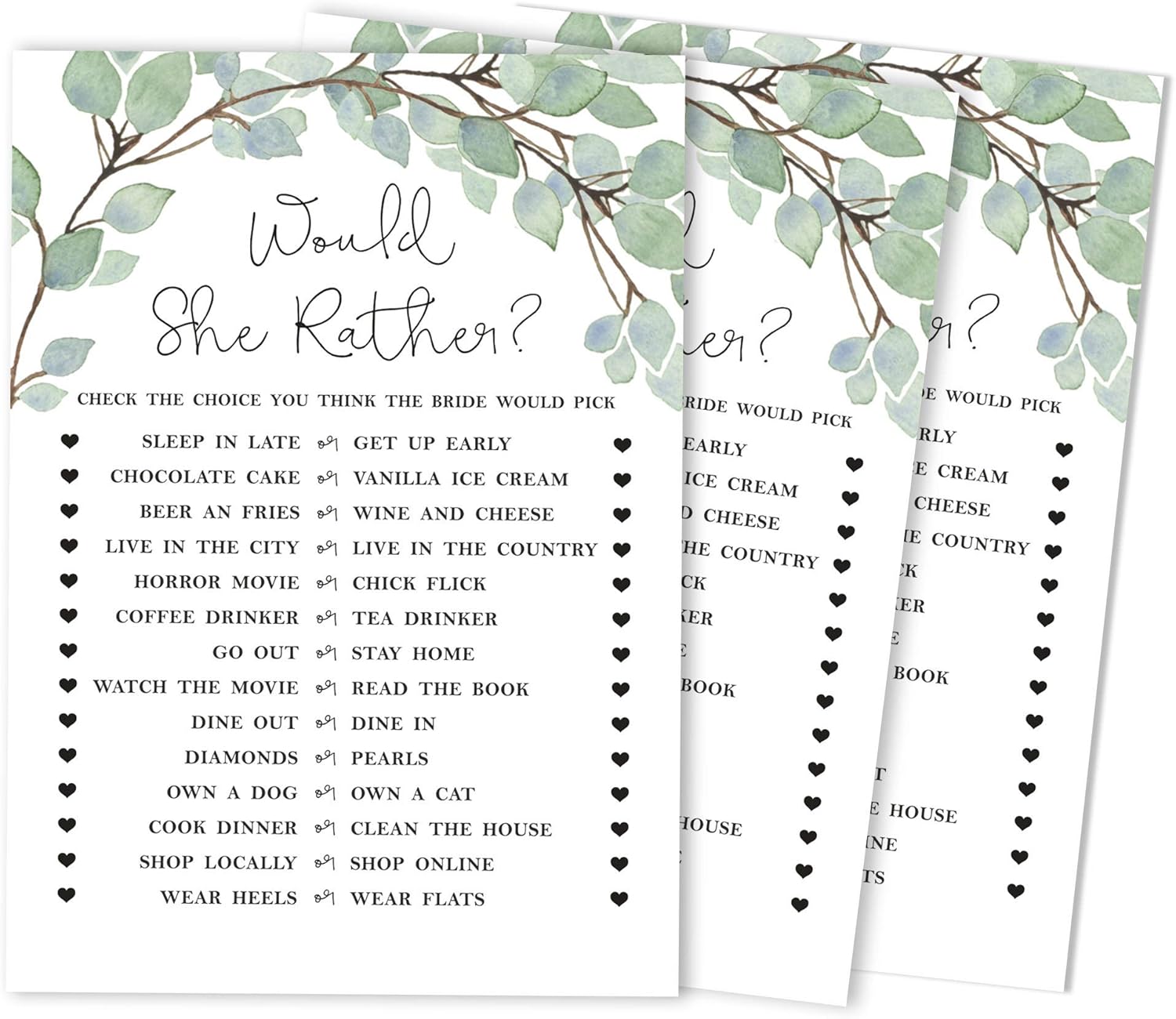 Amazon Com Inkdotpot Would She Rather Bridal Wedding Shower Game Greenery Funny Rehearsal Dinner Guessing Game Bridal Shower Party Game Ideas Home Kitchen