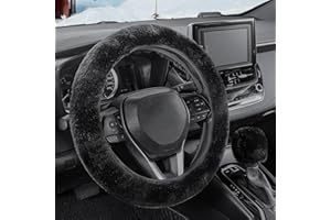 SEG Direct Furry Car Steering Wheel Cover with Fluffy Gear Shift Cover Soft Warm Non-Slip Car Decoration for Men Women Girls 2 PCS Set, Black