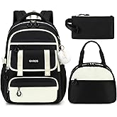 QHRIDS School Backpack for Girls, 3PCS Laptop Backpack 15.6 Inch with Lunch Box Pencil Pouch Set for Kids Teens Elementary Middle High School College Bookbag Student Casual Travel Daypack,Black Beige