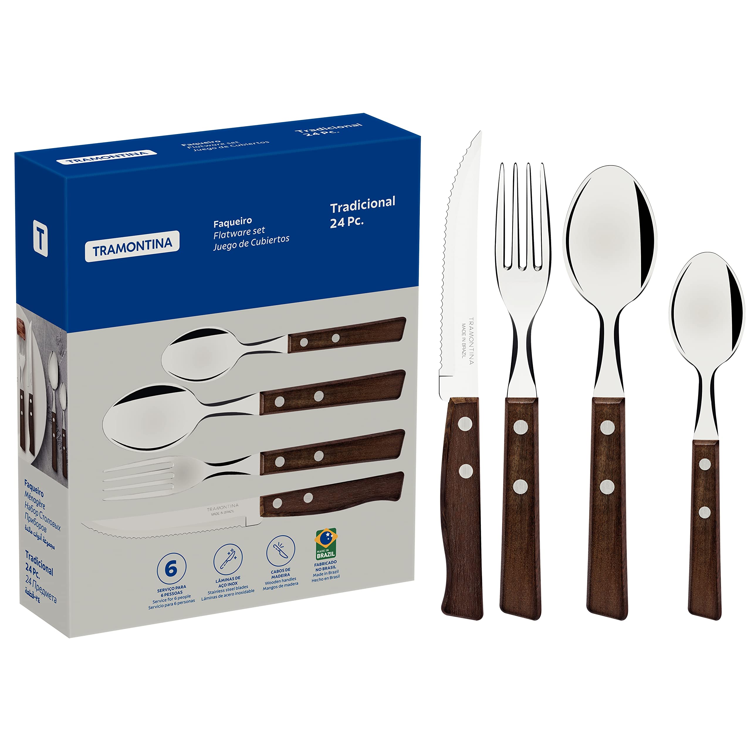 Tramontina Cutlery Set with Steak Knives, 24 Piece Sharp Knife, Forks, Teaspoons, Tablespoons with Wooden Handles, ‎Camping, Kitchen, Rustic, 22299050