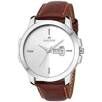 Swisstone WT385-SLV-BRW Brown Leather Strap Wrist Watch for Men