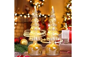MJ PREMIER Glass Christmas Trees for Tabletop, Rotating Mercury Glass Christmas Tree Decoration, Sparkling Small Xmas Tree with Lights, Battery Operated Xmas Trees with Timer, Set of 2 (Gold)