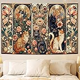 Apdidl Boho Floral Cute Wall Tapestry for Bedroom, Vintage Flower Cat Wall Hanging, Bohemian Style Orange and Black Cats Funny Tapestries, Animal Painting Art Poster for Girls Room Dorm Beach Decor (39