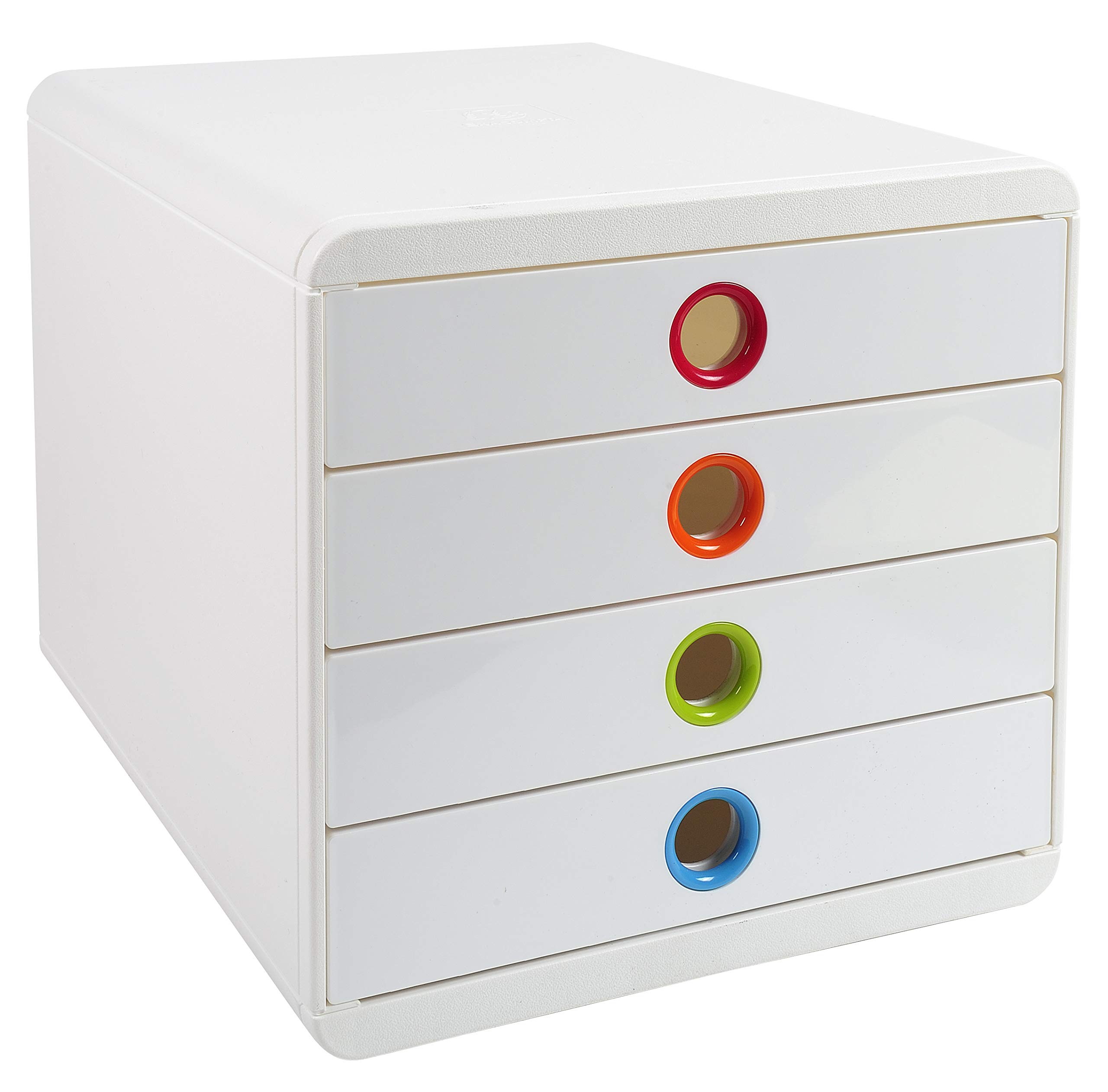 Exacompta - Ref 314398D - Glossy Pop-Box - 347 x 278 x 267mm in Size, Suitable for Storing A4+ Documents, 4 Closed Drawers, Smooth Drawer Action - White/Harlequin