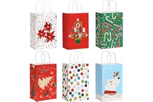 SUNCOLOR 12 Pack Small Christmas Gift Bags, 7.9 × 5.12 × 3.15 Inch, 6 Festive Designs with Handles, Paper Holiday Gift Bags for Christmas Parties, Presents and Holiday Decorations (2 of Each Design)