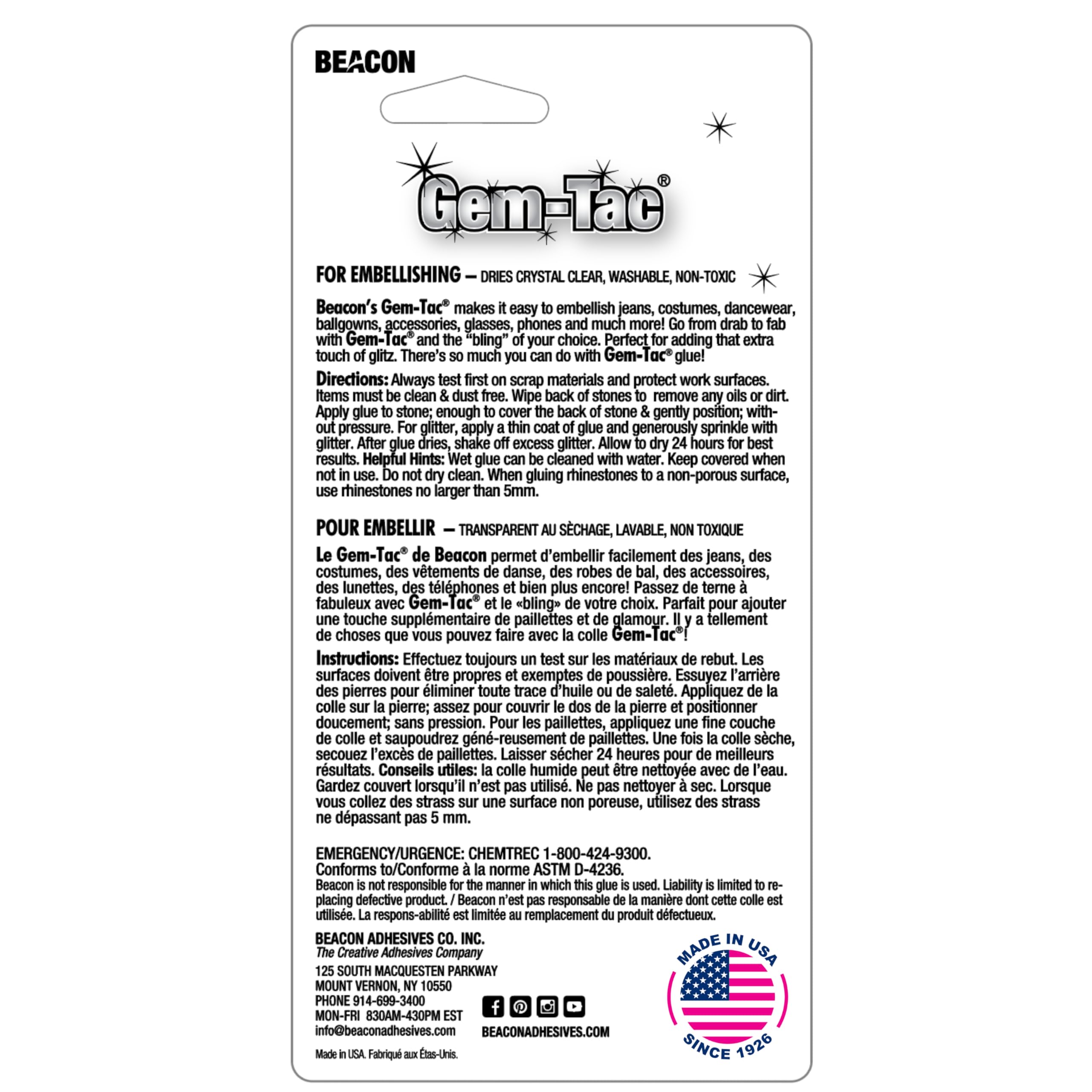 BEACON Gem-Tac Premium Quality Adhesive for Securely Bonding Rhinestones and Gems - Water-Based, UVA Resistant, 4-Ounce