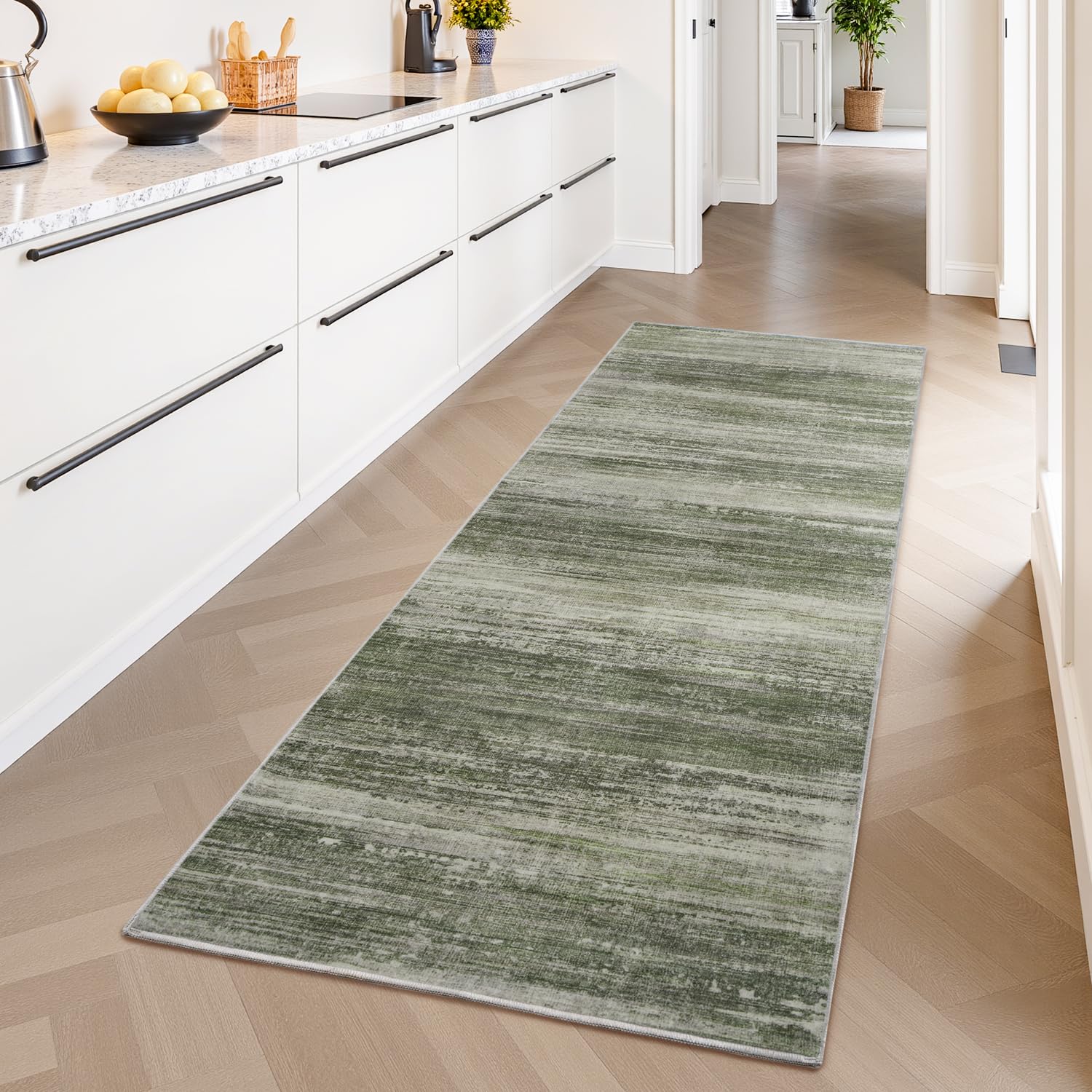 Photo 1 of PADOOR Modern Abstract Runner Rug - 2x6 Washable Hallway Rugs, Ultra Soft Non-Slip Low Pile Floor Rugs for Hallway Entryway Kitchen Bedroom Bedside Laundry Room Green