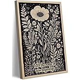 Inspirational Canvas Wall Art Picture Motivational Quote New Beginnings Poster Prints Vintage Black Flower Mental Health Painting Positive Office Wall Decor for Living Room Bedroom 12x16in Framed