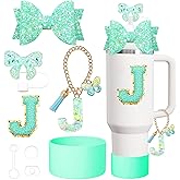 8PCS Stanley Cup Accessories Set for Stanley Cup 30oz 40oz Tumbler with Handle,Including Straw Topper Cover Cap and Boot,Spill Proof Stopper,Handle Charm,Initials Sticker (Mint green J)