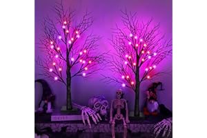 ENVOTEK Halloween Decorations Indoor 2 Pack 24 Inch Black Halloween Tree with 48 Orange Purple Led Lights, Timer/USB/Battery Operated Lighted Tabletop Spooky Tree for Table Home Office Party Decor