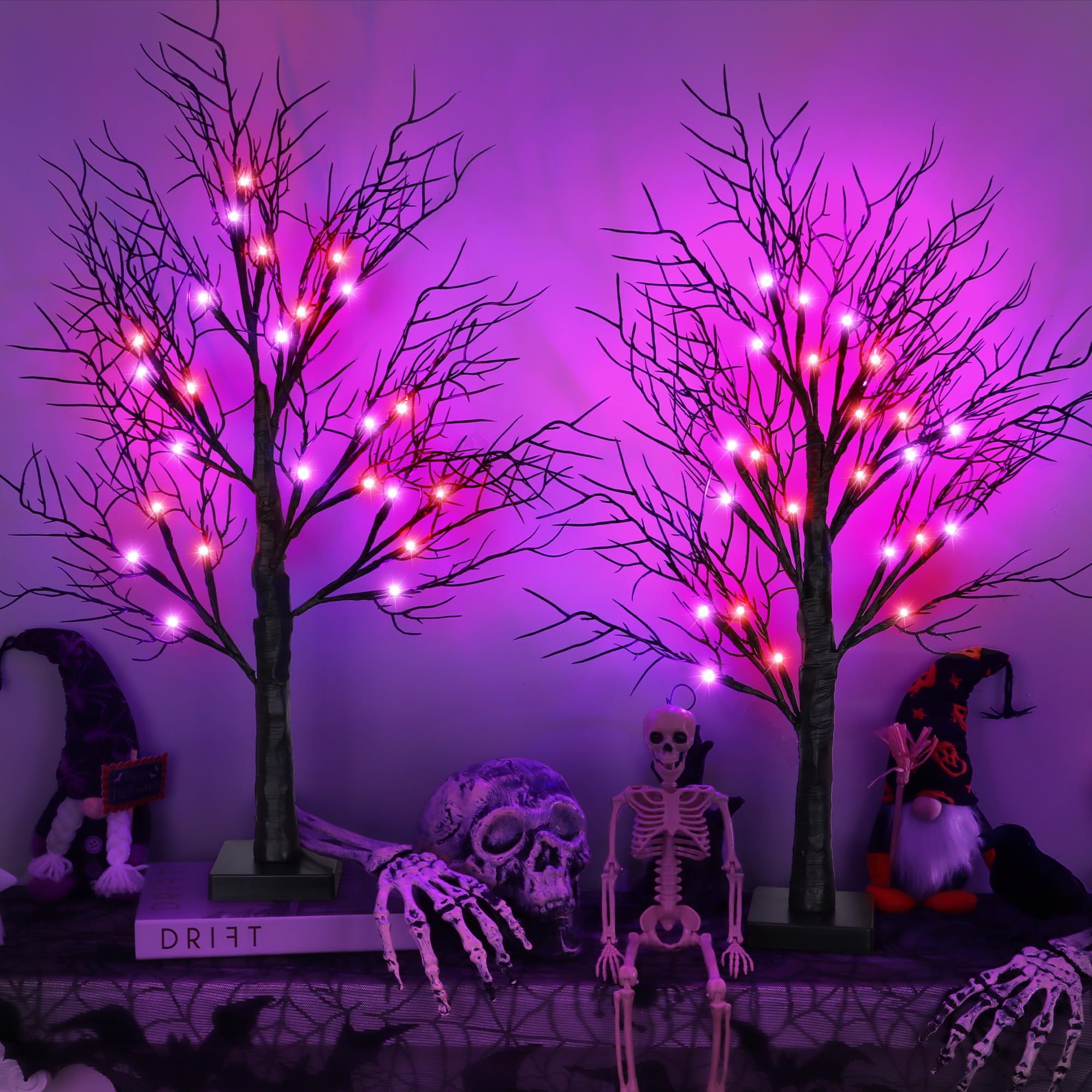Photo 1 of Halloween Decorations Indoor 2 Pack 24 Inch Black Halloween Tree with 48 Orange Purple Led Lights, Timer/USB/Battery Operated Lighted Tabletop Spooky Tree for Table Home Office Party Decor