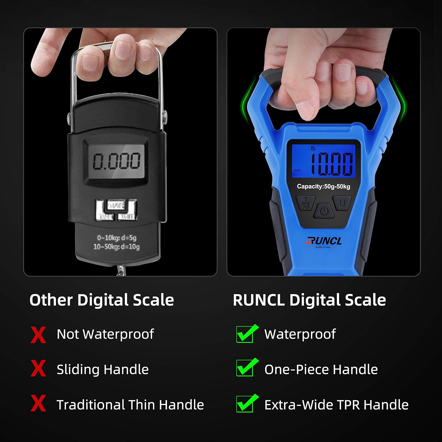RUNCL Waterproof Fishing Scale with Fish Lip Gripper, Digital Fishing Scale with Ruler, Weight Scale 110lb/50kgs - Backlit LCD Display, Memory Storage & Summation - Hanging Scale (Blue): Industrial & Scientific
