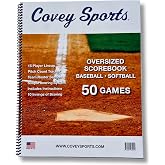 Covey Sports Baseball Softball Scorebook - 14x11 Oversized - 50 Games | Baseball Score Keeping Book, Larger Print Pages, 15-Player Lineup, Pitch Count Tracker, Coil Bound, Made in USA