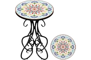 Gadroad Round Side Table, Mosaic Patio Table and Plant Stand Outdoor, 14" Tempered Glass Tabletop & Black Metal Frame for Yard Porch Balcony Garden Bedside, Daisy 15.4 * 15.4 * 23.6inches