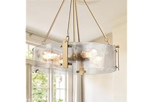 IKK Modern Textured Glass Chandelier, Gold Dining Room Chandelier, Elegant Drum Farmhouse Crystal Light Fixture, Round Lighting for Living Room, Foyer Kitchen Island Bedroom Bathroom D=21