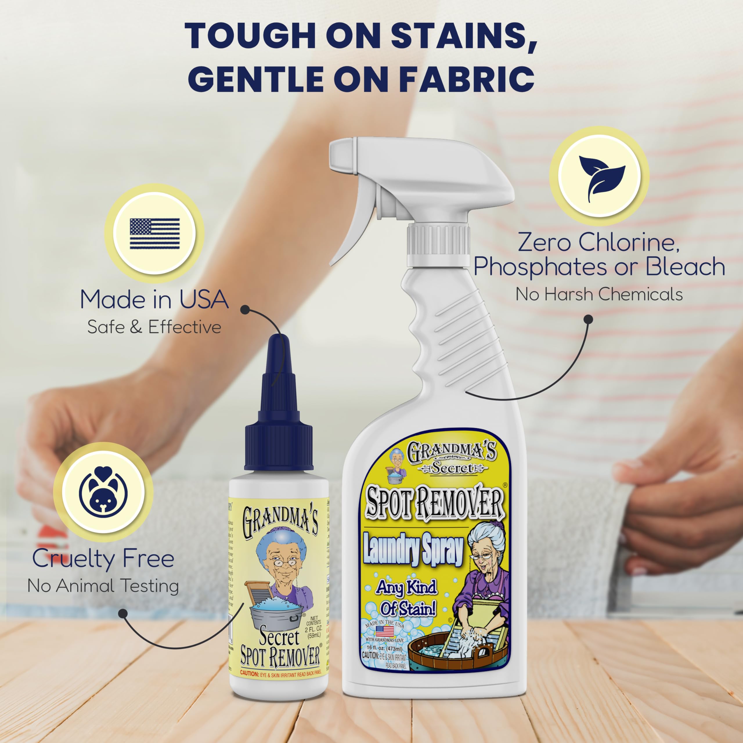 Grandma's Secret Spot Remover Laundry Spray - Chlorine, Bleach and Toxin-Free for Clothes - Fabric Stain Remover Removes Oil, Paint, Blood and Pet Stains - 16 oz & 2 oz Combo, DuoPack