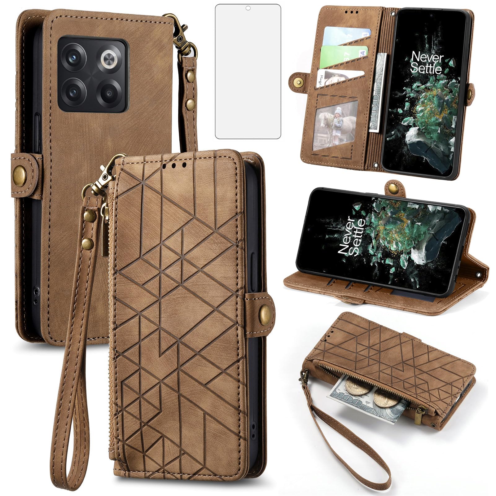 Asuwish Phone Case for OnePlus 10T 5G/One Plus Ace Pro Wallet Cover with Tempered Glass Screen Protector and Flip Zipper Credit Card Holder Stand Cell On 1Plus 1 + Plus10T 1+ AcePro Women Men Brown