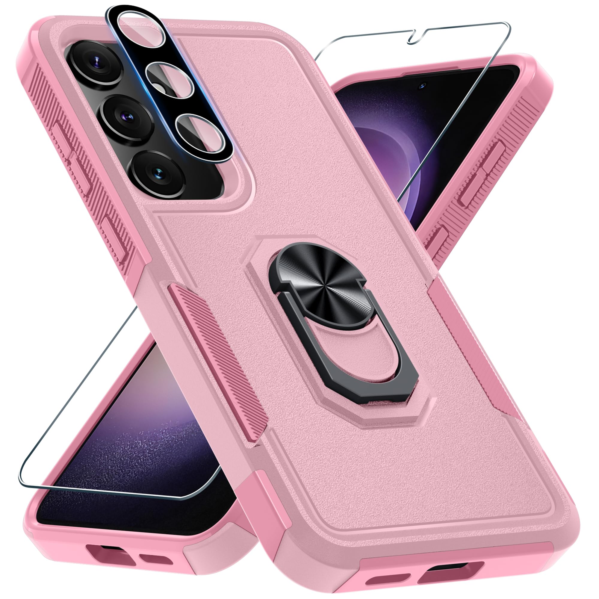 Photo 1 of for Samsung Galaxy S25 Plus/S24 Plus Case with Screen Protector+Camera Lens Protector,Heavy Duty Shockproof Full Body Protective Cover Built in Rotatable Metal Ring Holder Kickstand,2025 Cute Pink