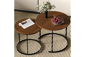 Cavoba Industrial Nesting Round Coffee Table Set of 2, Modern Accent Walnut Texture Stacking Side Tables with Metal Frame for Small Spaces, End Tables Set of 2 for Balcony Office 23.6"
