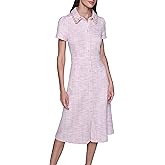Karl Lagerfeld Womens Short Sleeve Collared Multi Toned Knit Tweed Midi Dress