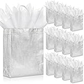 Sweetude 50 Pcs Reusable Gift Bags with Handles Grocery Gift Bags with Tissue Paper Glitter Shopping Bags for Present Birthday Wedding Party(Silver, 8 x 4 x 10 Inch)