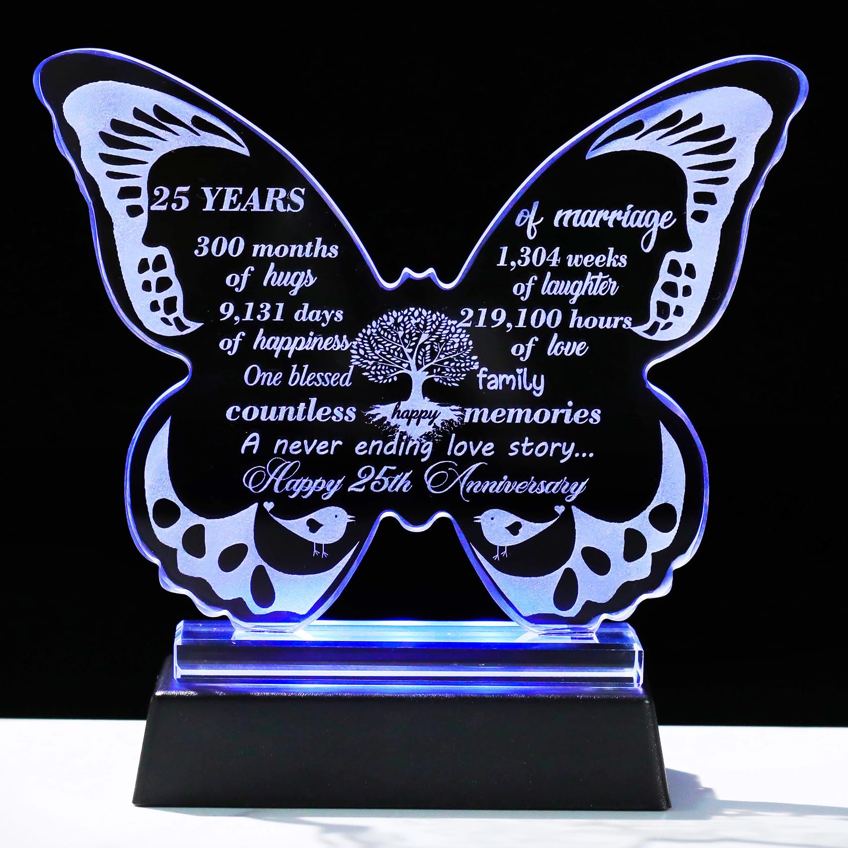 Ornalrist 25th Wedding Anniversary Romantic Gifts for Couples, 13.6cm Crystal Butterfly 25th Anniversary Keepsake with LED Base 25 Years Marriage Silver Wedding Presents for Wife Husband Friends
