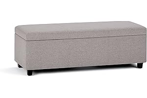 SIMPLIHOME Avalon 48 inch Wide Contemporary Rectangle Storage Ottoman Bench in Cloud Grey Linen Look Fabric, Assembled, for the Living Room, Entryway and Family Room