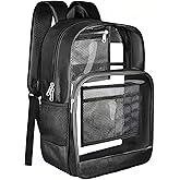 BrillaraSymn Heavy Duty Clear Backpack, Sturdy Fabric Clear Bookbag for School, Transparent PVC & Oxford Backpacks with Privacy Pocket for College Work Travel Security, Black