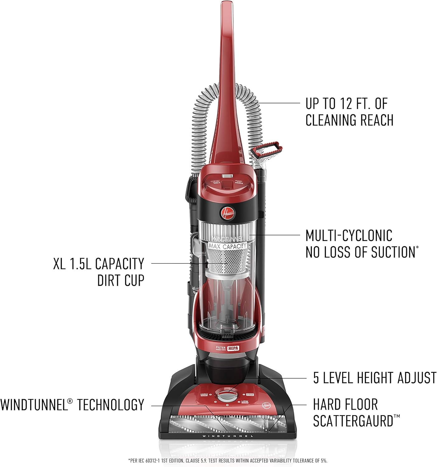 Hoover Windtunnel Max Capacity Upright Vacuum Cleaner with HEPA Media Filtration, UH71100, Red -