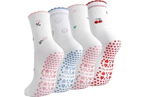 4 Pairs Pilates Grip Socks for Women Cute Yoga Pilates Grip Socks Ruffle Non Slip Sock Crew Athletic Sock for Home Gym Ballet