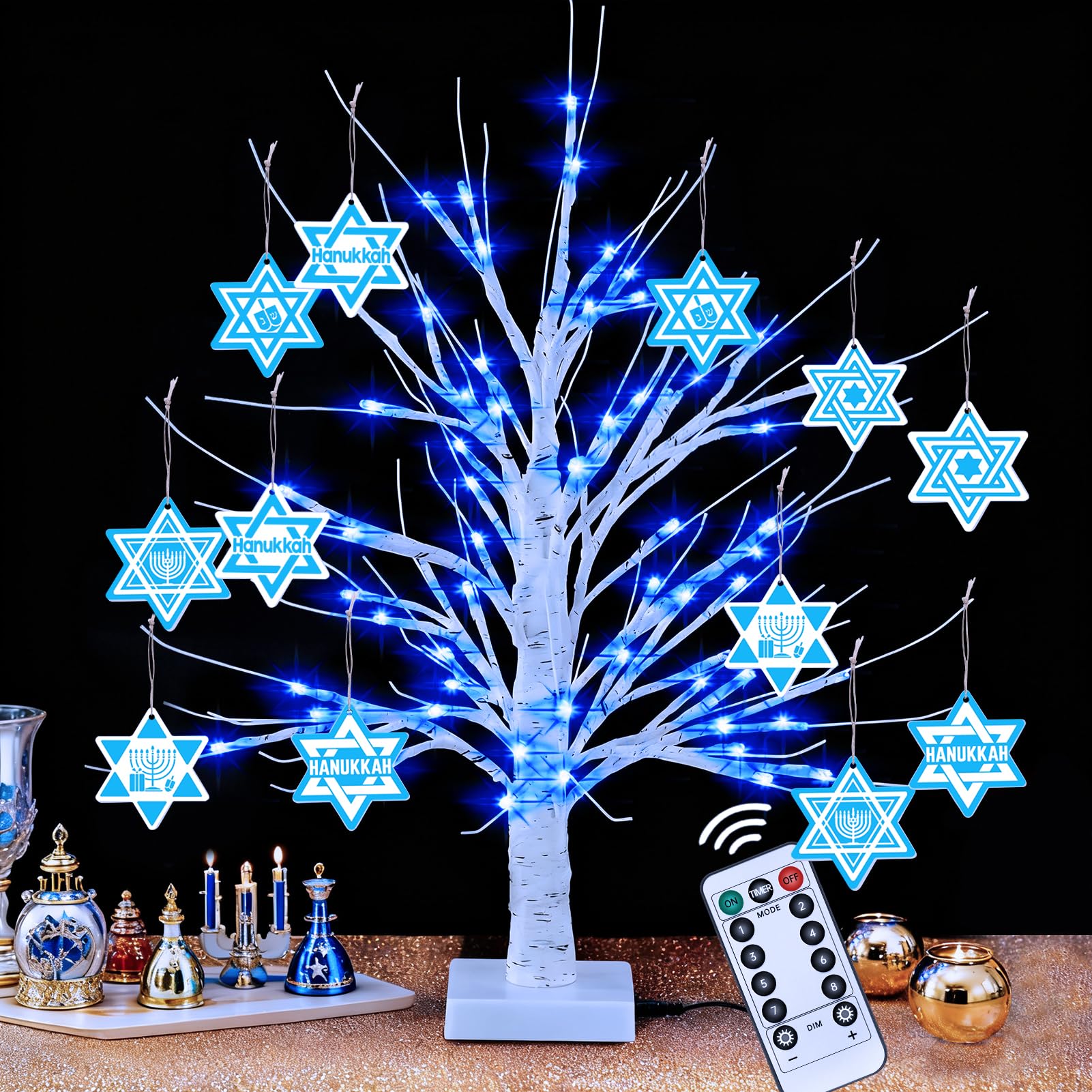 Photo 1 of [Timer] 24'' Hanukkah 72 LED Lighted Birch Tree with 12pcs Ornaments,8 Lighting Modes Blue Lights Tabletop Pre Lit Tree Light for Hanukkah Christmas Decor