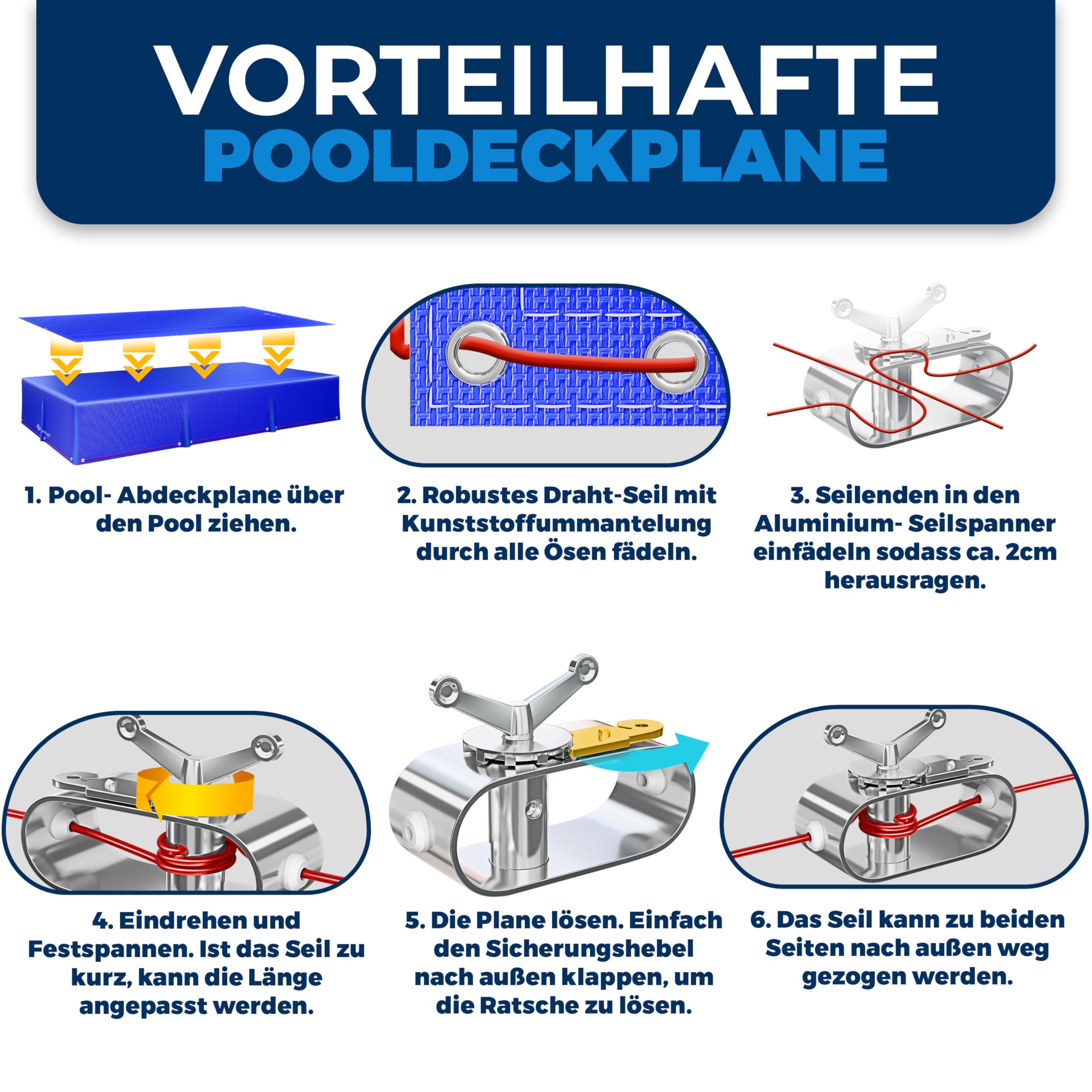 KESSER® Solar Poolabdeckung Pool Abdeckplane Rechteckig 304x210cm Poolplane 200g/m² PE Material Inkl. Stahlseil + Seilspanner mit Ösen Solarplane Abdeckung UV-resistent, Wetterfest für Sommer & Winter 6