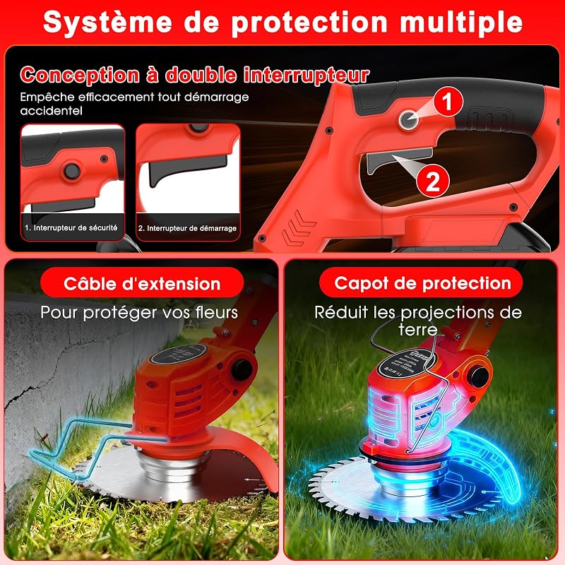 Débroussailleuse Electrique sans Fil 21V, avec 2 pièces Batterie et 4 Types de Lames Débroussailleuse à Gazon sans balais,légères et à Faible Bruit,pour Jardin Élagage,Pelouses et Terres Agricoles — photo 4 sur 8