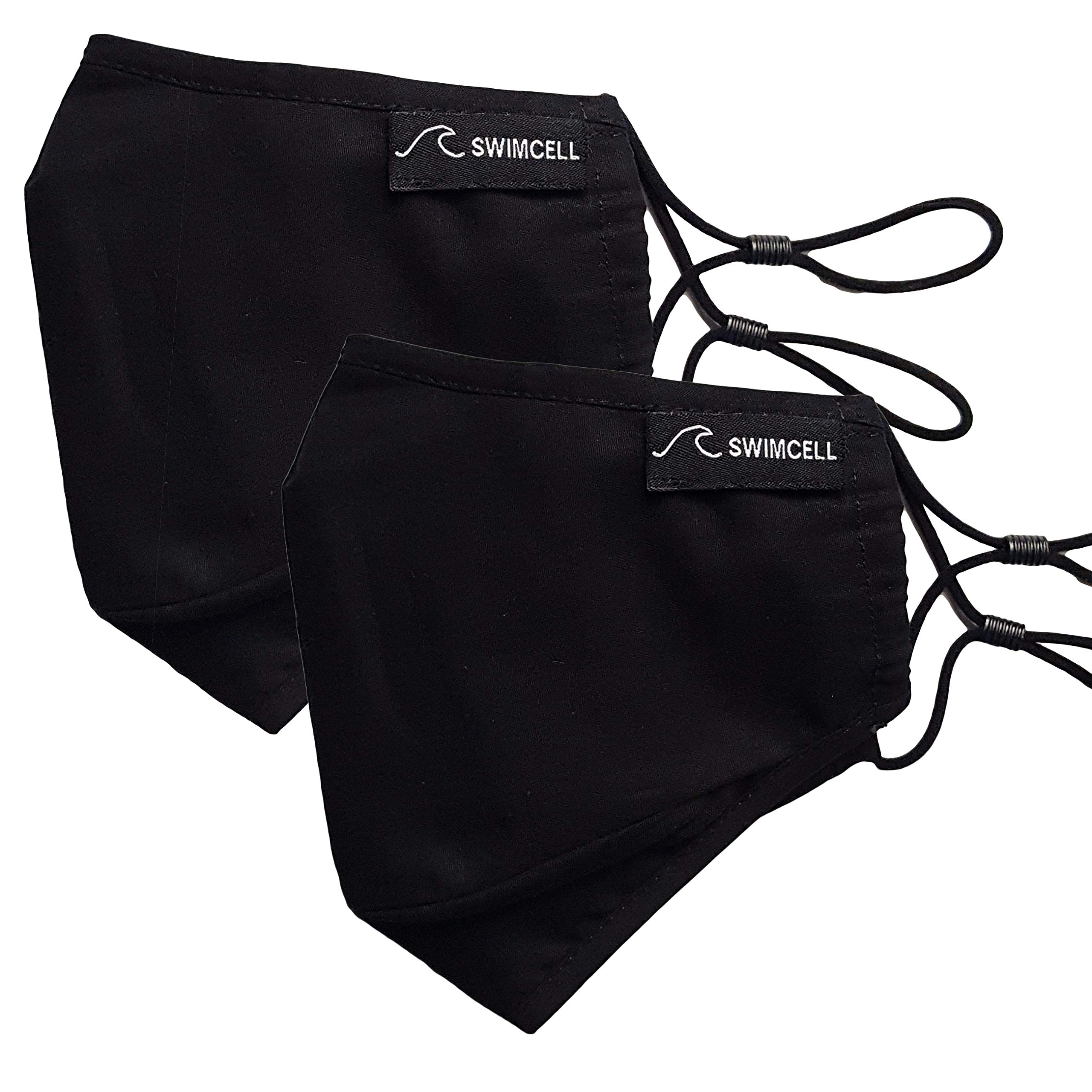 SwimCell Reusable Face Masks for Adults & Kids. 3 Layer Adjustable Face Masks for Glasses Wearers - Cotton Washable Face Mask With Filter Pocket & 4 x PM2.5 Filters - 2 Pack, Black