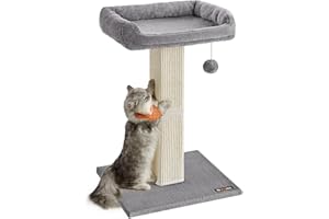 Feandrea Cat Scratching Post, Cat Scratcher with Top Perch Bed, Fully Woven Sisal Covered Scratcher Post, Pompom, Removable W
