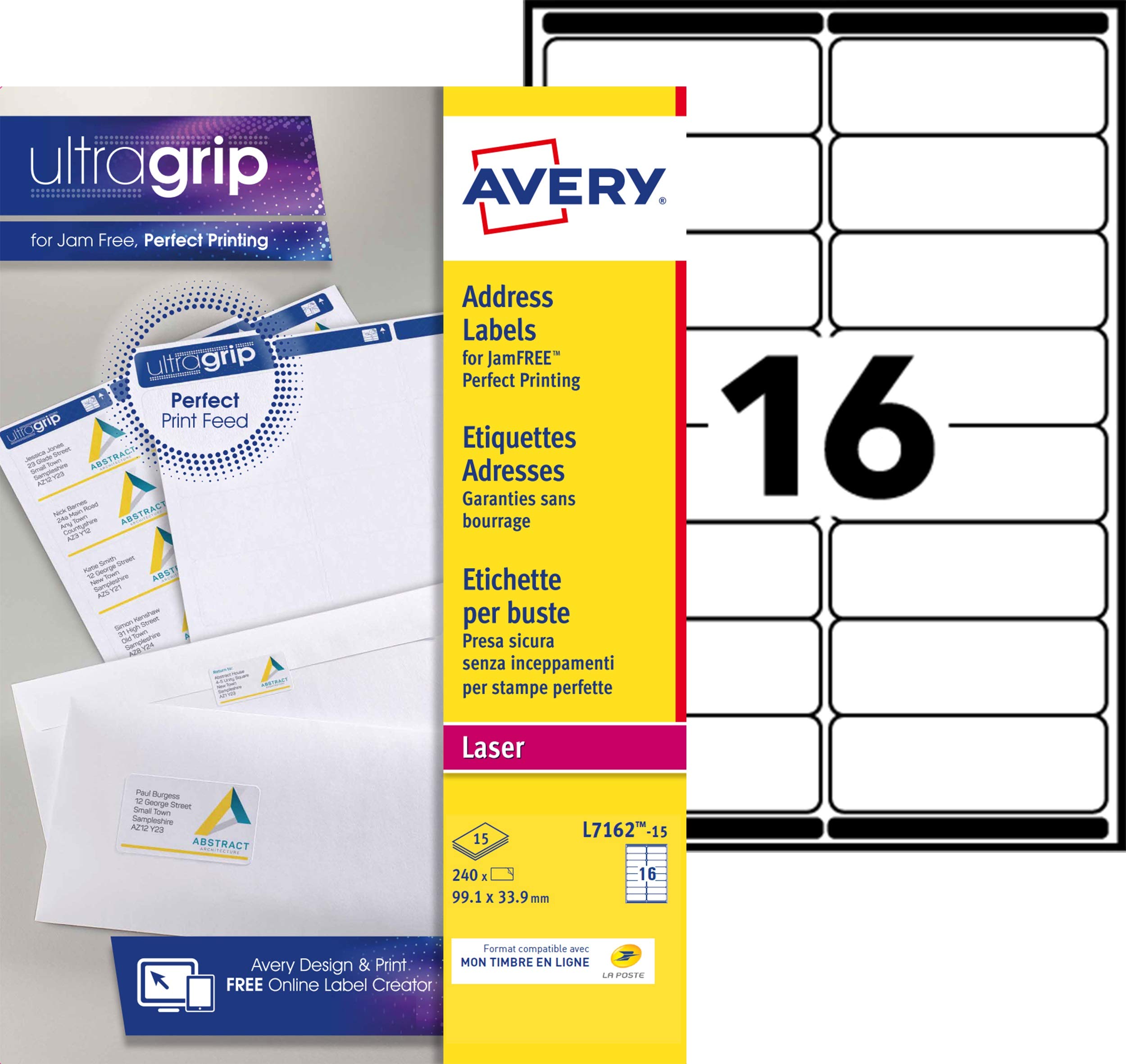 AVERY - 240 Custom White Self-Adhesive Address Labels - No Jam - Format 99.1 x 33.9 mm - Laser Printing