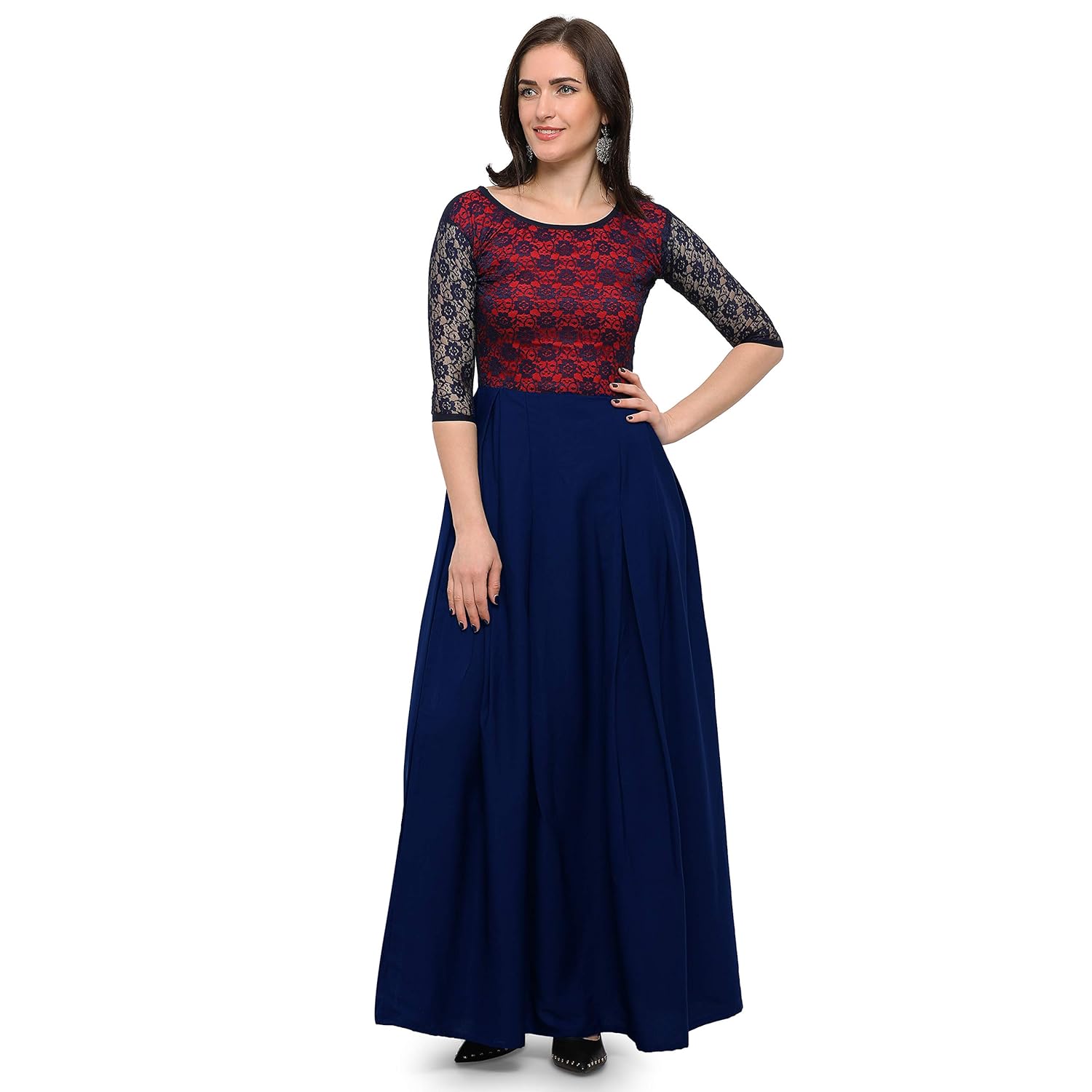 fashion2wear women red & blue stitched crepe gown