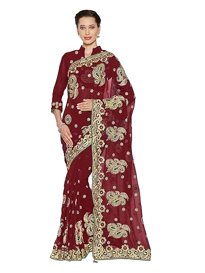 Womens Faux Georgette Heavy Embroidered Saree With Blouse Piece (8593 - Maroon - Free Size)