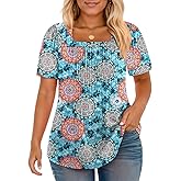 VISLILY Plus-Size-Womens-Summer-Tops Trendy Square Neck T Shirts Cute Flowy Pleated Tunics Casual Short Sleeve Blouses XL-5XL