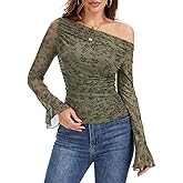 Bbonlinedress Womens Floral Mesh Long Sleeve Tops Going Out One Shoulder Shirts Ruched Waist Blouses with Lining
