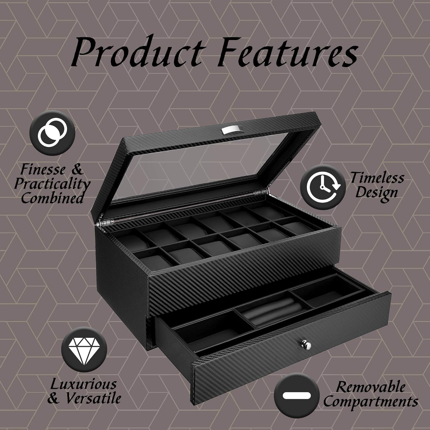 Watch Box- Display Case & Organizer For Men| First-Class Jewelry Watch Holder| 12 Watch Slots & Valet Drawer for Sunglasses, Rings, Phone| Sleek Black Color, Glass Top, Carbon Fiber, & Faux Leather: Home & Kitchen
