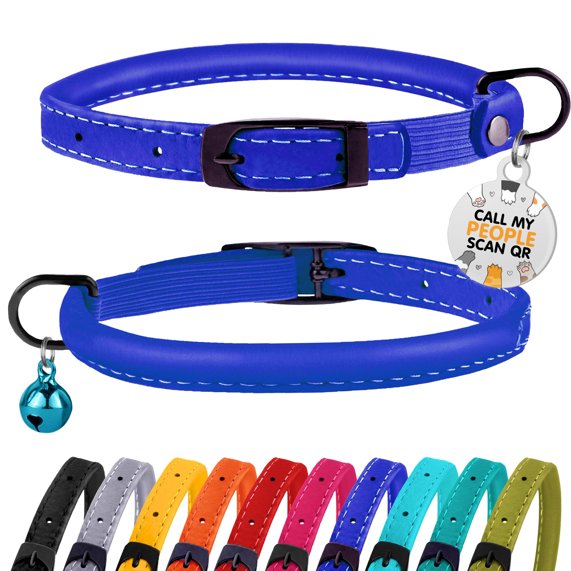 Photo 1 of BRONZEDOG Cat Collar with Bell Kitten Rolled Leather Collars Safety QR ID Name Tag (Aqua Blue)