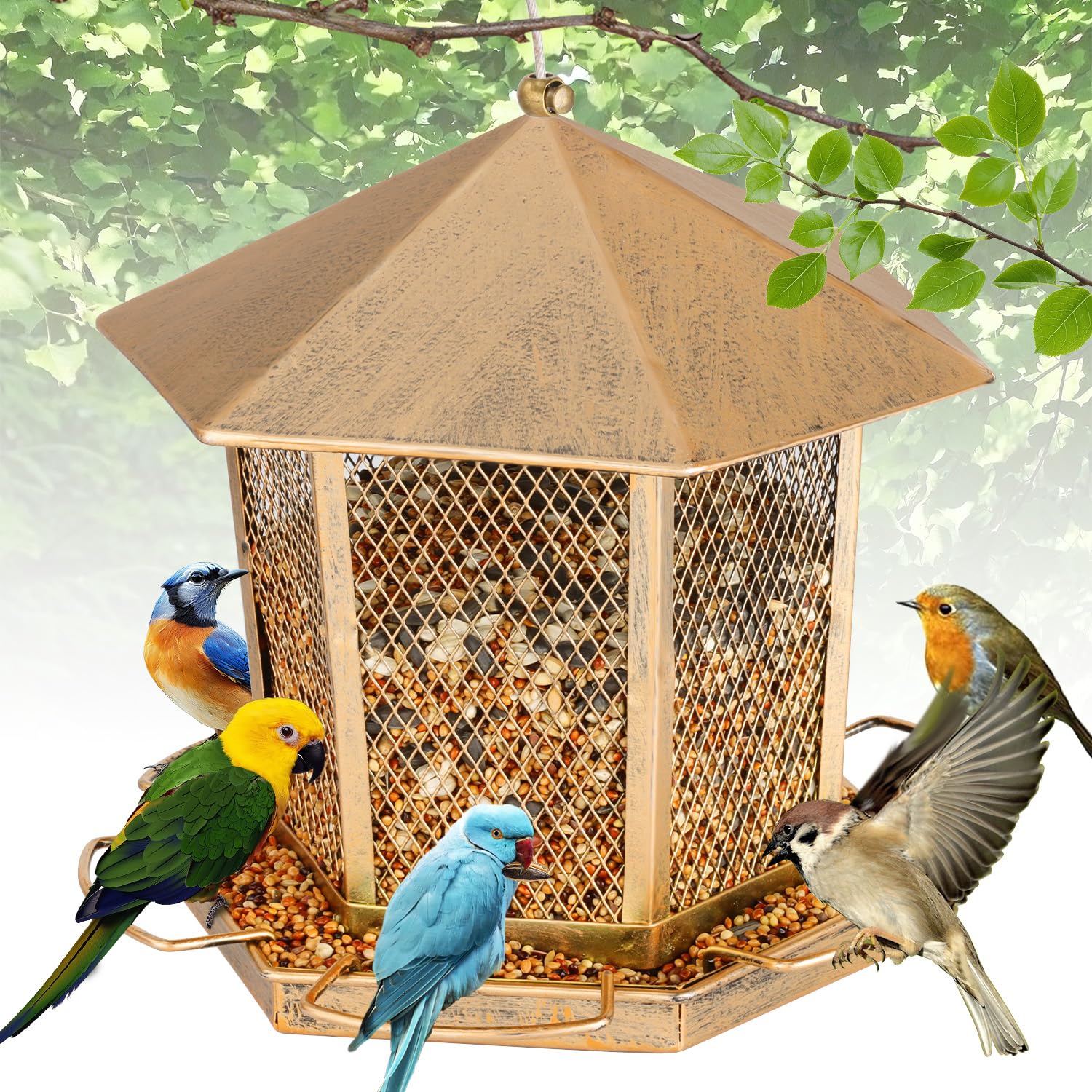 Photo 1 of Metal Hexagonal Gazebo Birds Feeder, 3.5LB Bird Feeders for Outdoors Hanging, Heavy Duty Wild Bird Feeder with Fine Mesh, Squirrel Proof Birdfeeders for Garden, Yard, Patio – Attract Finches, Sparrow