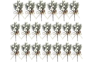 KLEWEE 20 Pcs White Glitter Berry Picks Stems, 7.8 inch Christmas Floral Picks, Holly Christmas Picks and Sprays, Xmas Tree Pine Branches Faux Pine Picks with Pine Cones for Crafts, Wreath, Garland